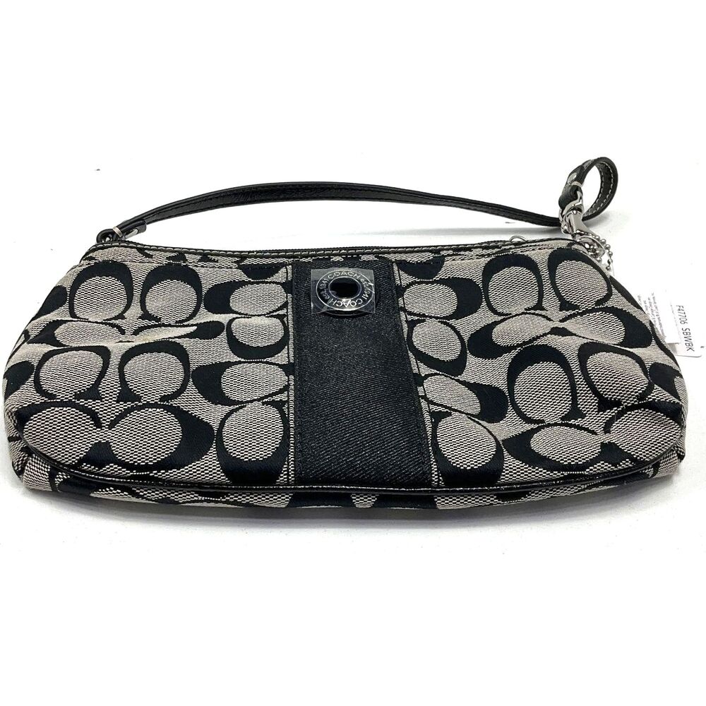 Coach Signature Stripe Large Wristlet Black Gray Canvas Wristlet F47706 NWT
